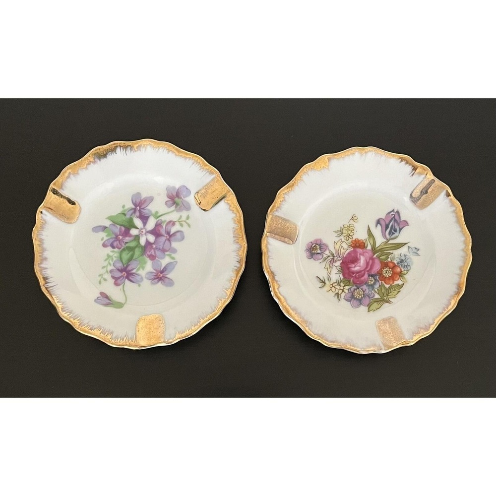 Set‎ Of 2 Vintage Napco China Hand Painted 4" Ashtray Purple & Pink Flowers Mint
